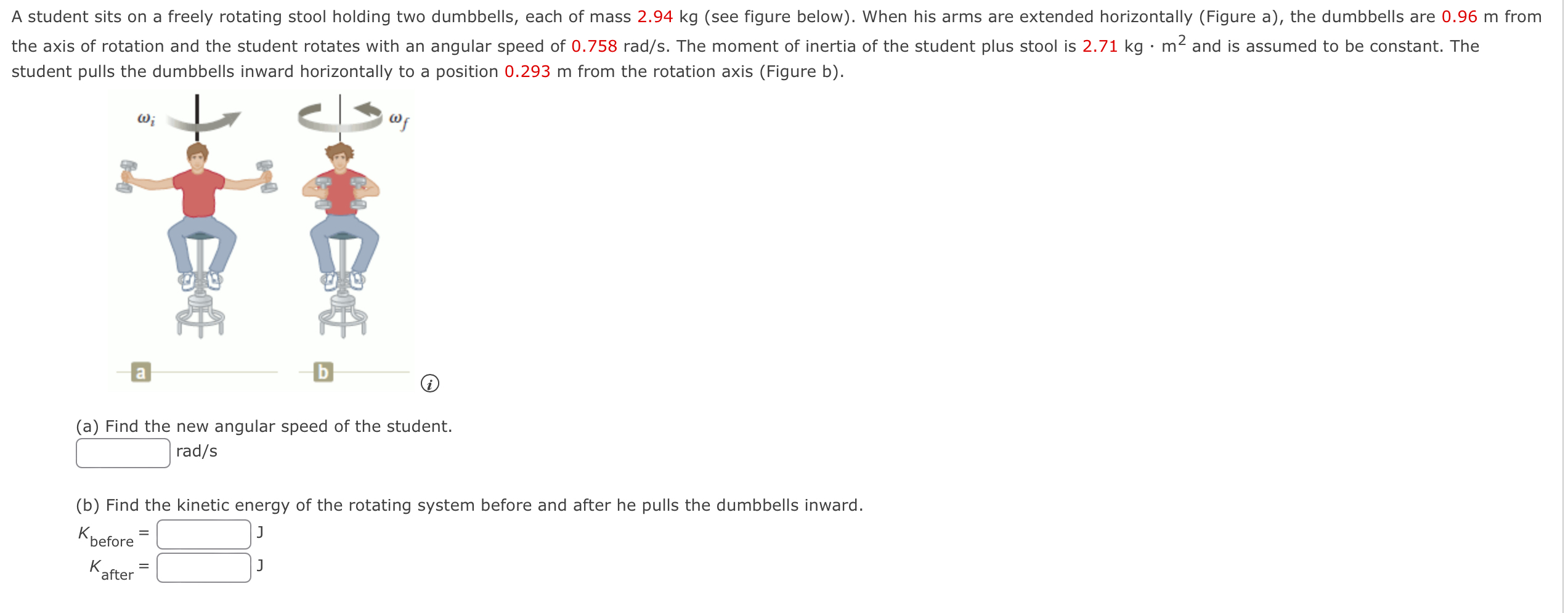 A student sits on a freely rotating stool holding