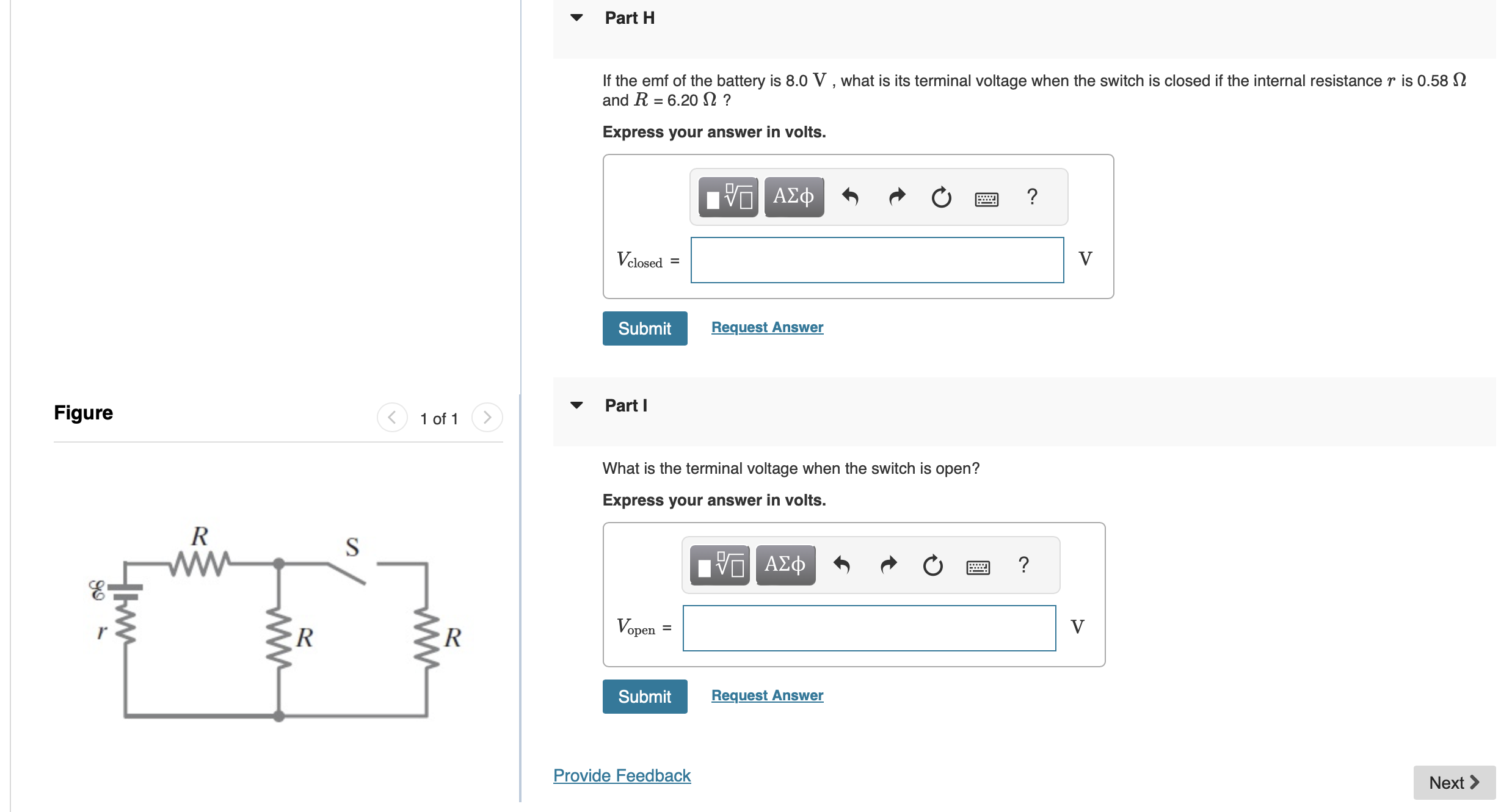 Part H If the emf of the battery is 8 . 0 V ,