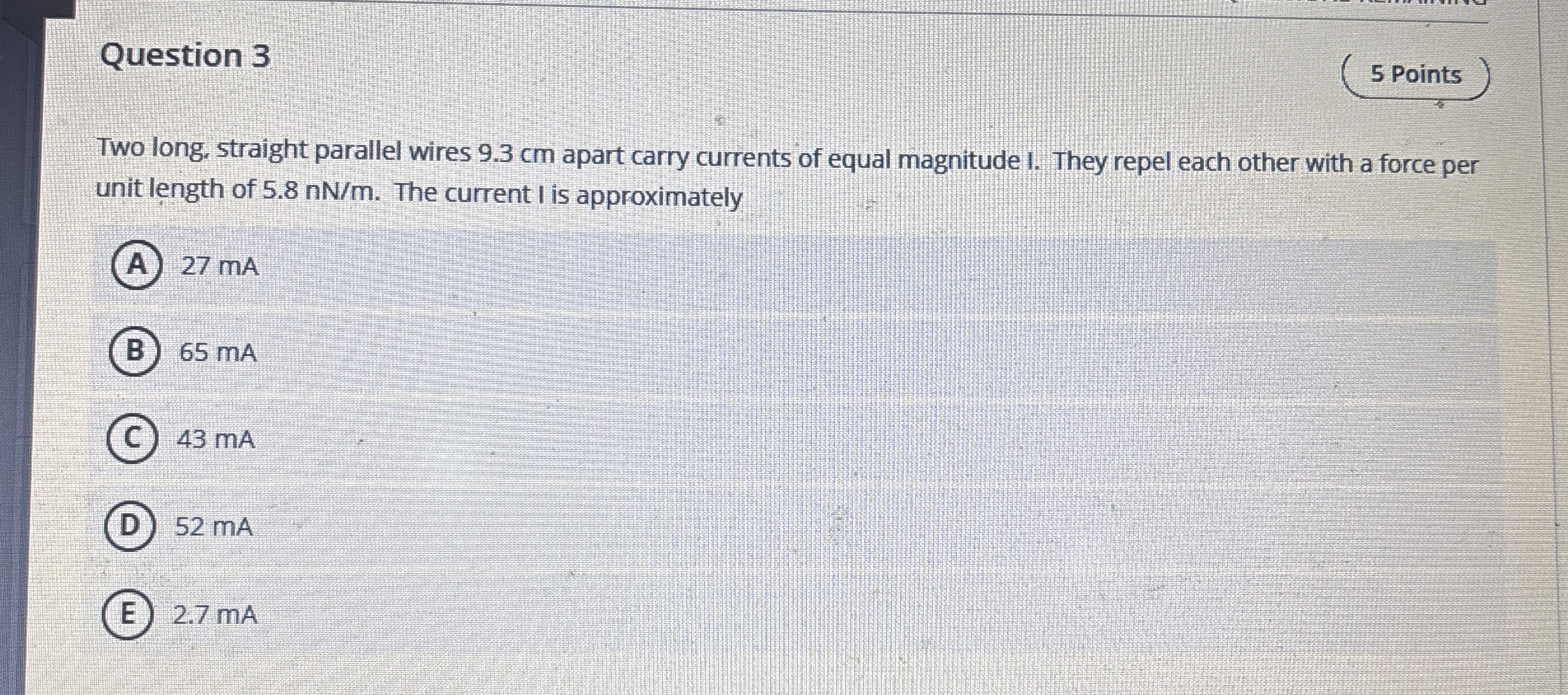 Question 3 5 Points Two long, straight parallel