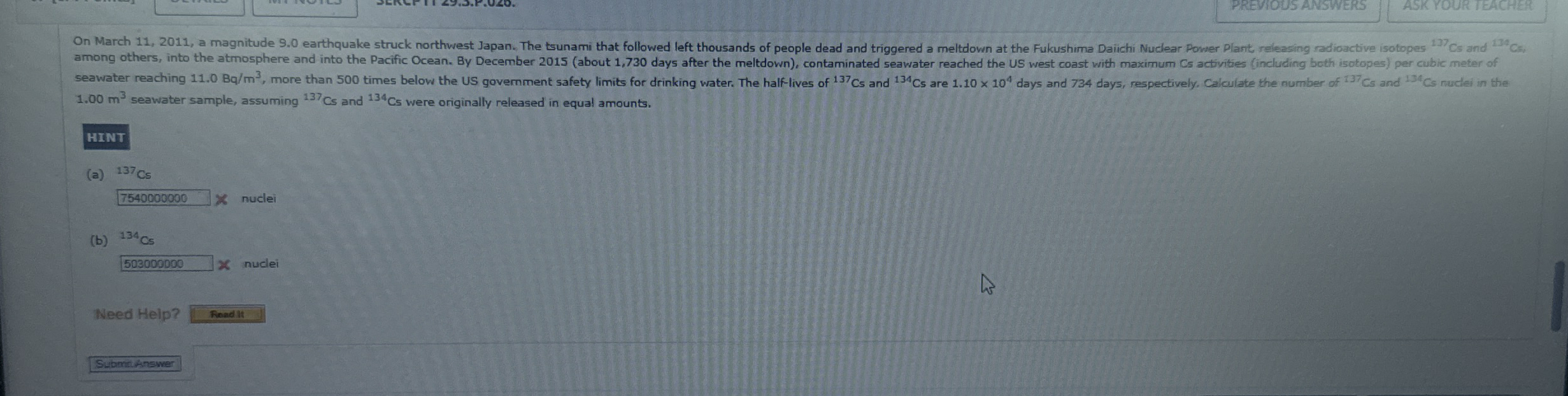 PREVIOUS ANSWERS ASK YOUR TEACHER 1 . 0 0 m 3
