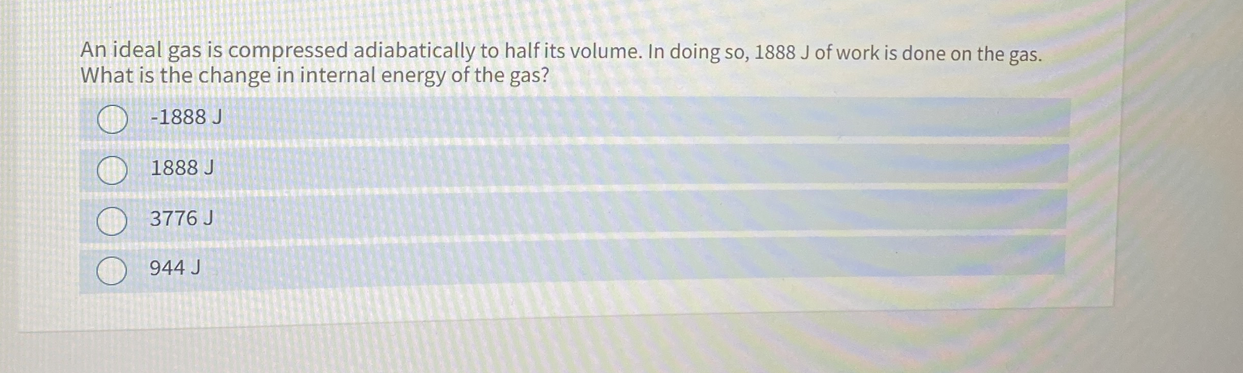 An ideal gas is compressed adiabatically to half