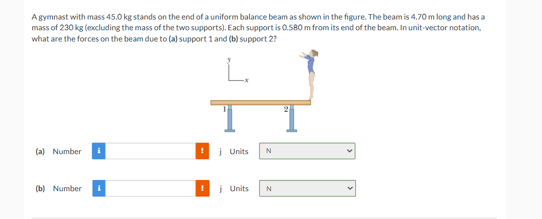 A gymnast with mass 4 5 . 0 kg stands on the end