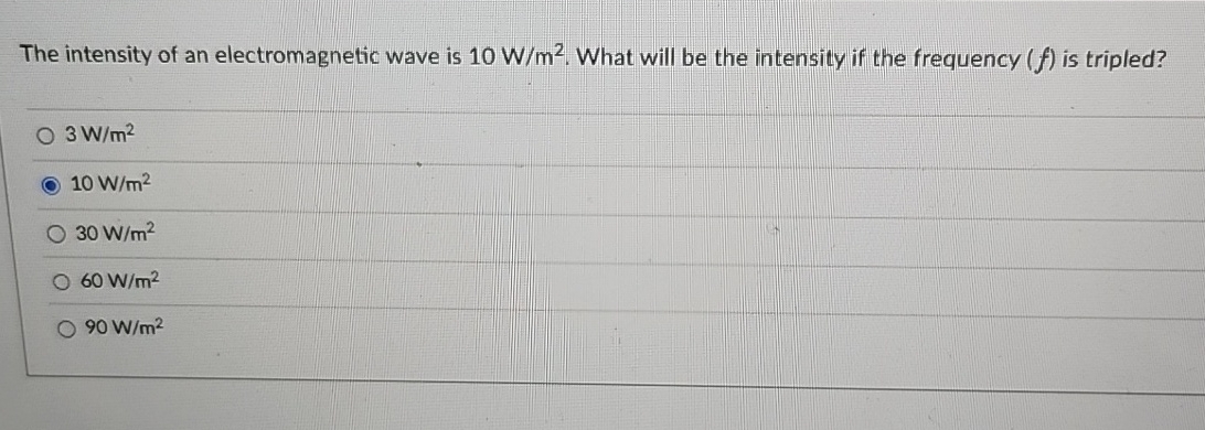 The intensity of an electromagnetic wave is 1 0 W