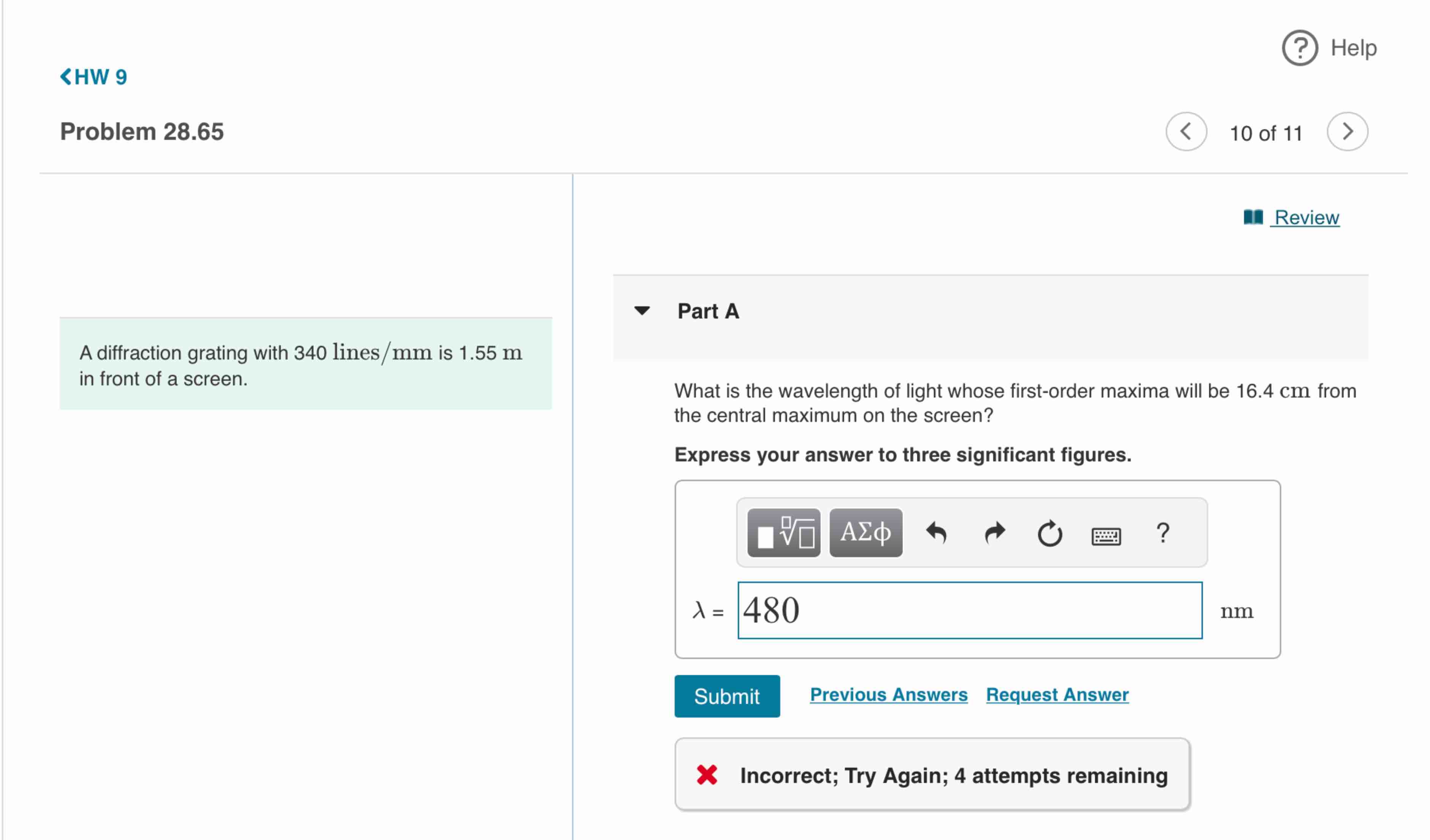 A diffraction grating with 3 4 0 lines / mm is 1