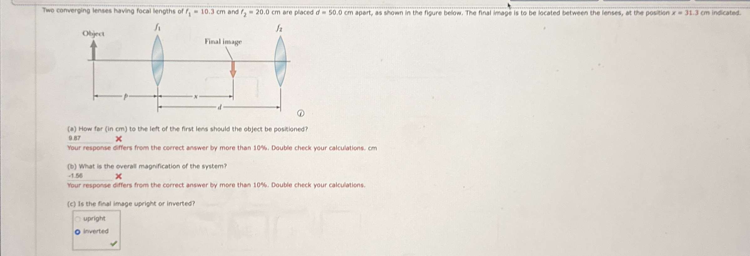 Two converging lenses having focal lengths of f 1