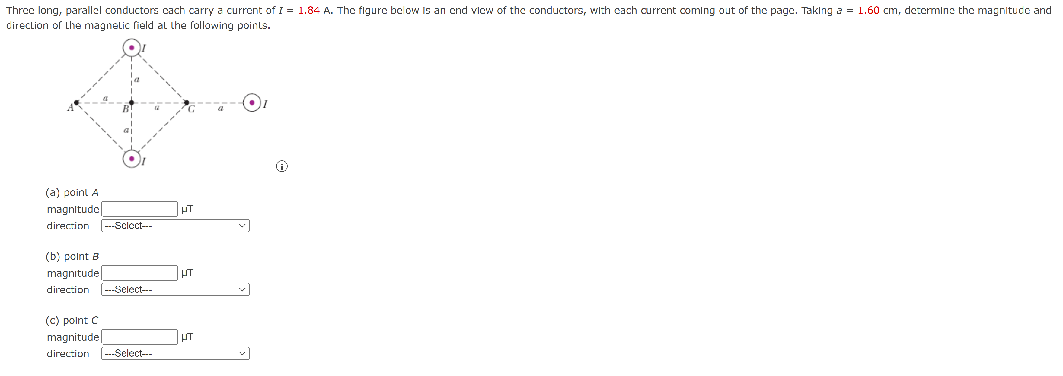 Three long, parallel conductors each carry a