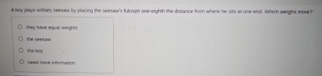 A boy plays solitary seesaw by placing the