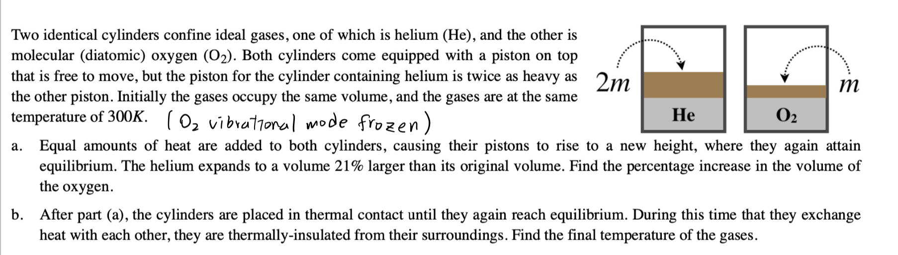 Two identical cylinders confine ideal gases, one