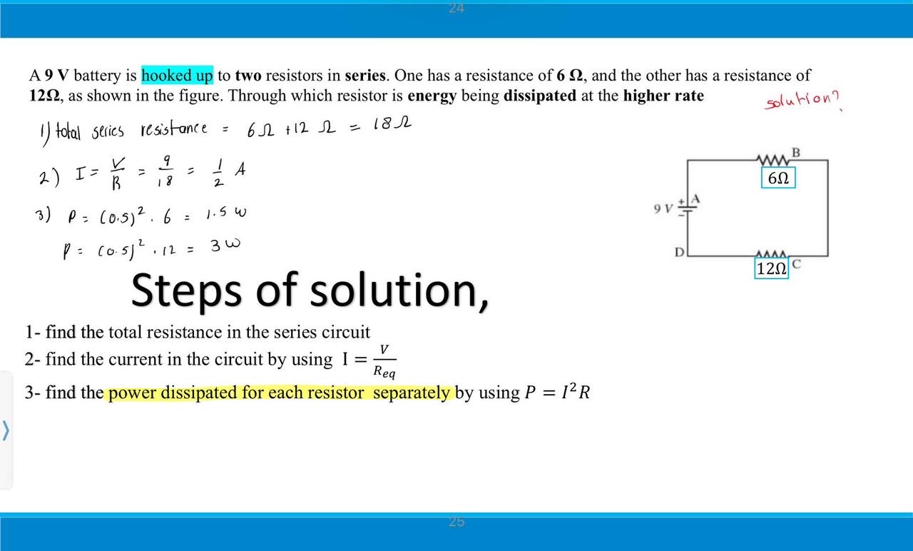 A 9 V battery is hooked up to two resistors in
