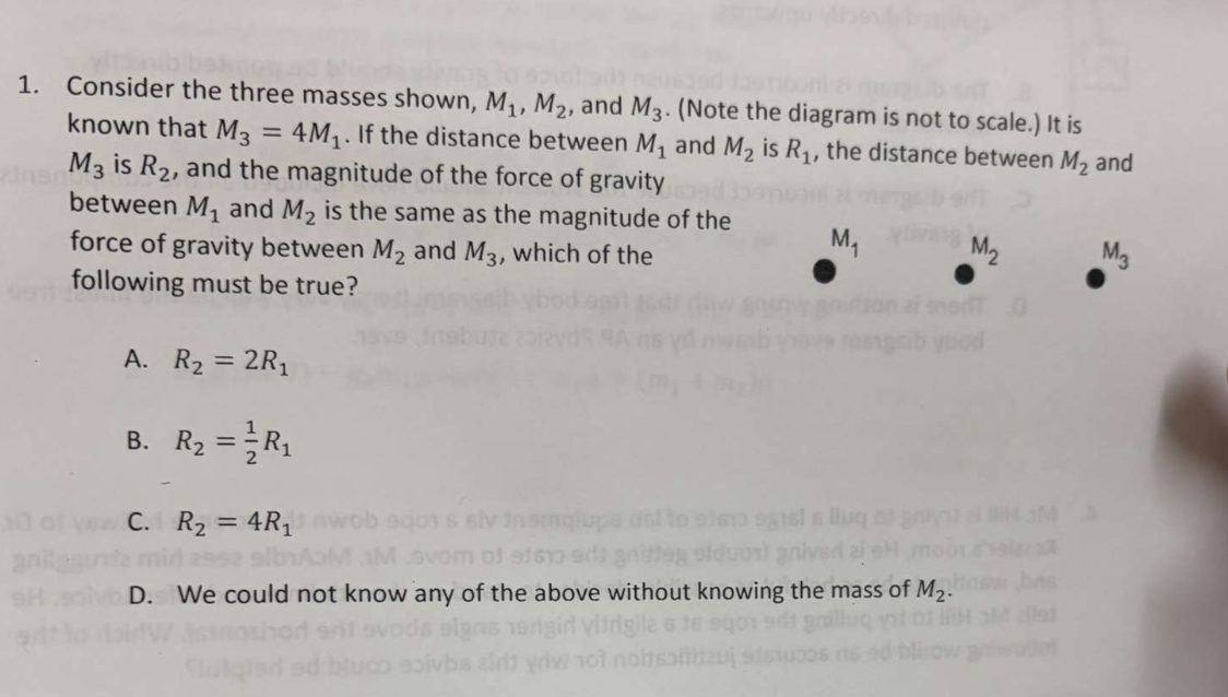 Consider the three masses shown, M 1 , M 2 , and