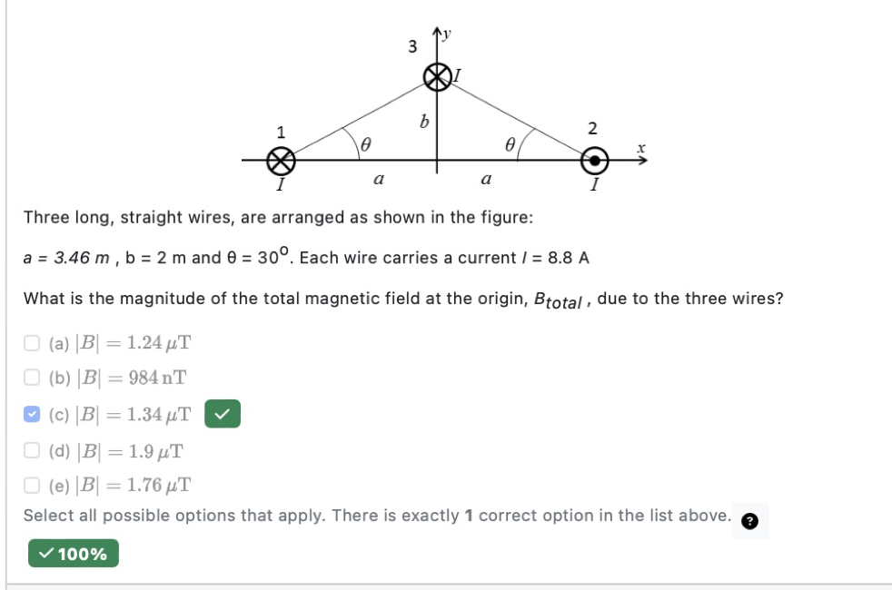 Three long, straight wires, are arranged as shown