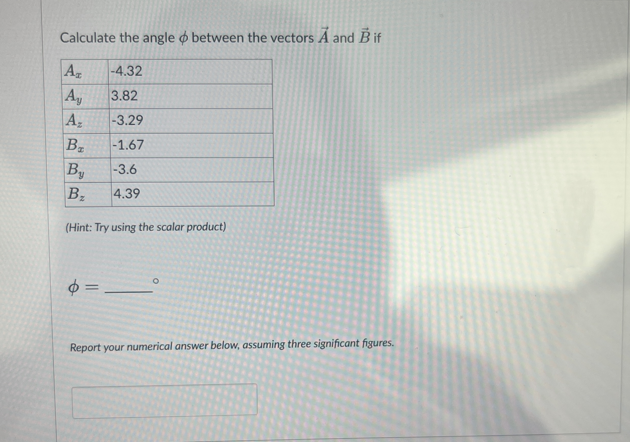 Calculate the angle between the vectors vec ( A )