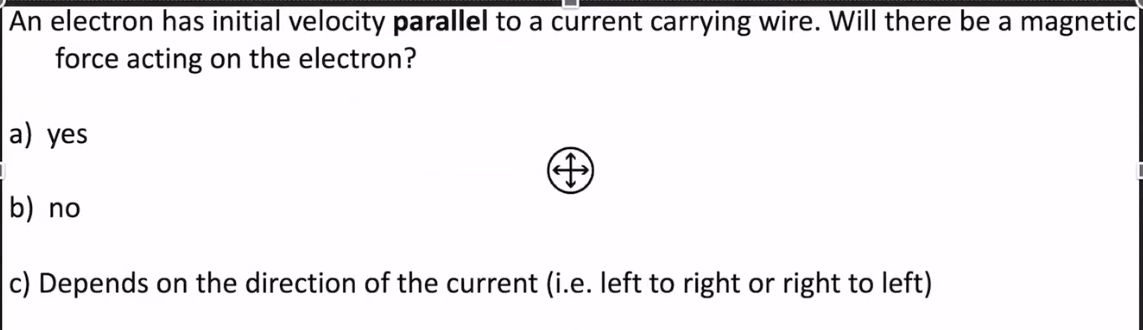 An electron has initial velocity parallel to a