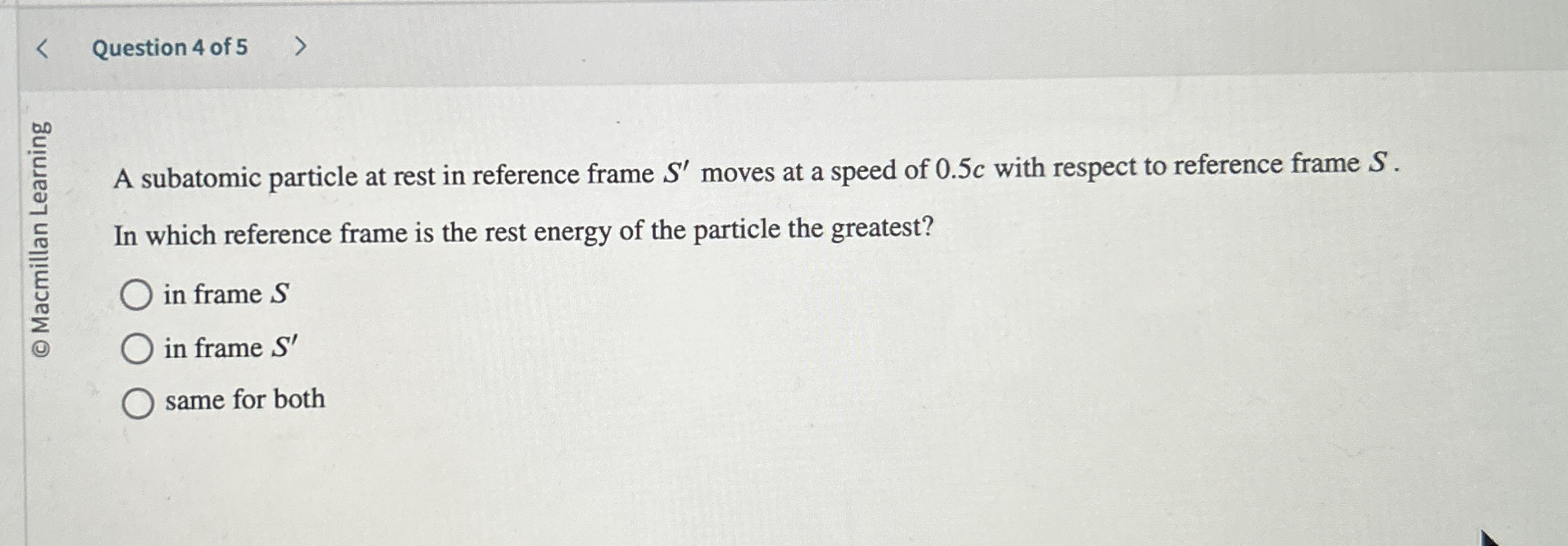 Question 4 of 5 A subatomic particle at rest in