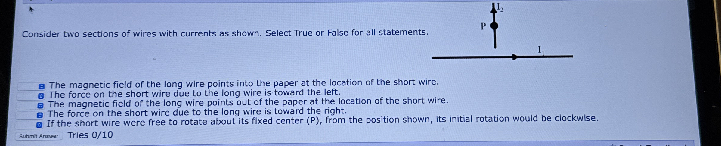 Consider two sections of wires with currents as