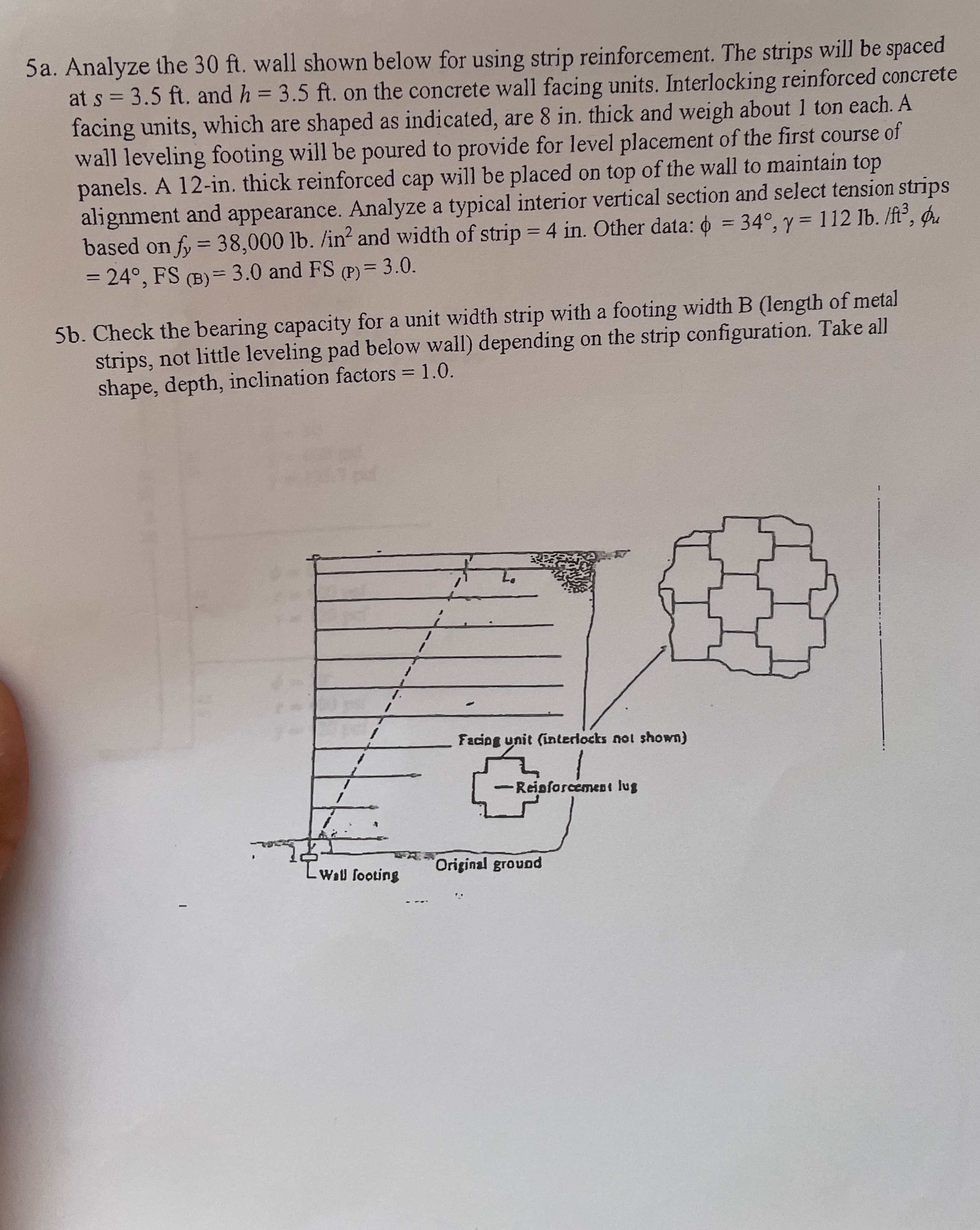 5 a . Analyze the 3 0 ft . wall shown below for