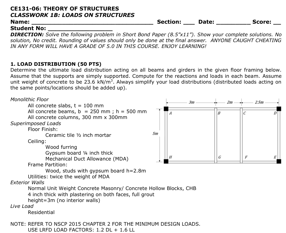 1 . LOAD DISTRIBUTION ( 5 0 PTS ) Determine the