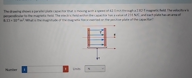 The drawing shows a parallel plate capacitor that