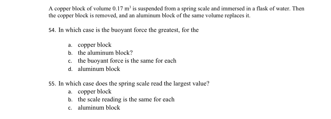 A copper block of volume 0 . 1 7 m 3 is suspended