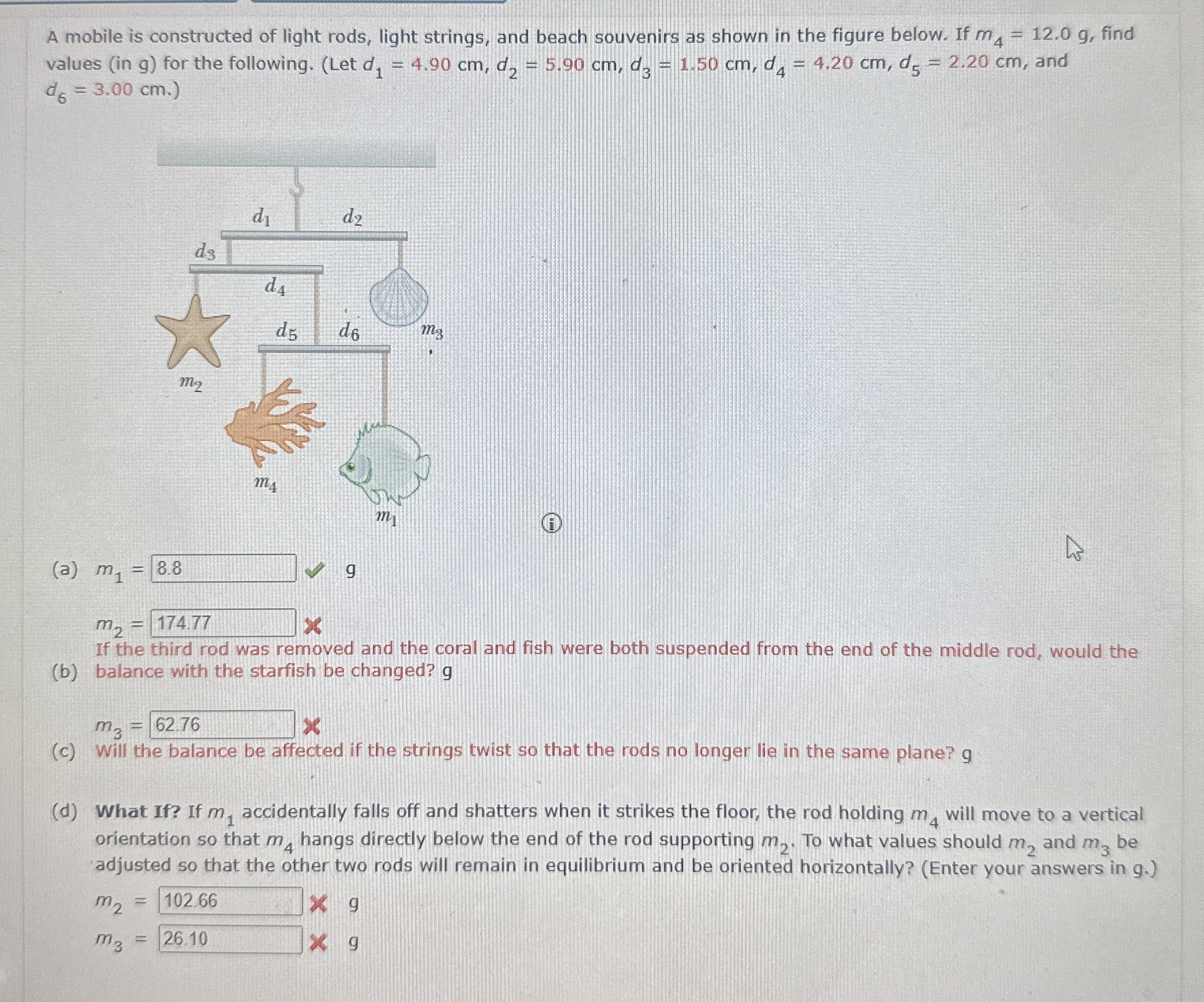 A mobile is constructed of light rods, light