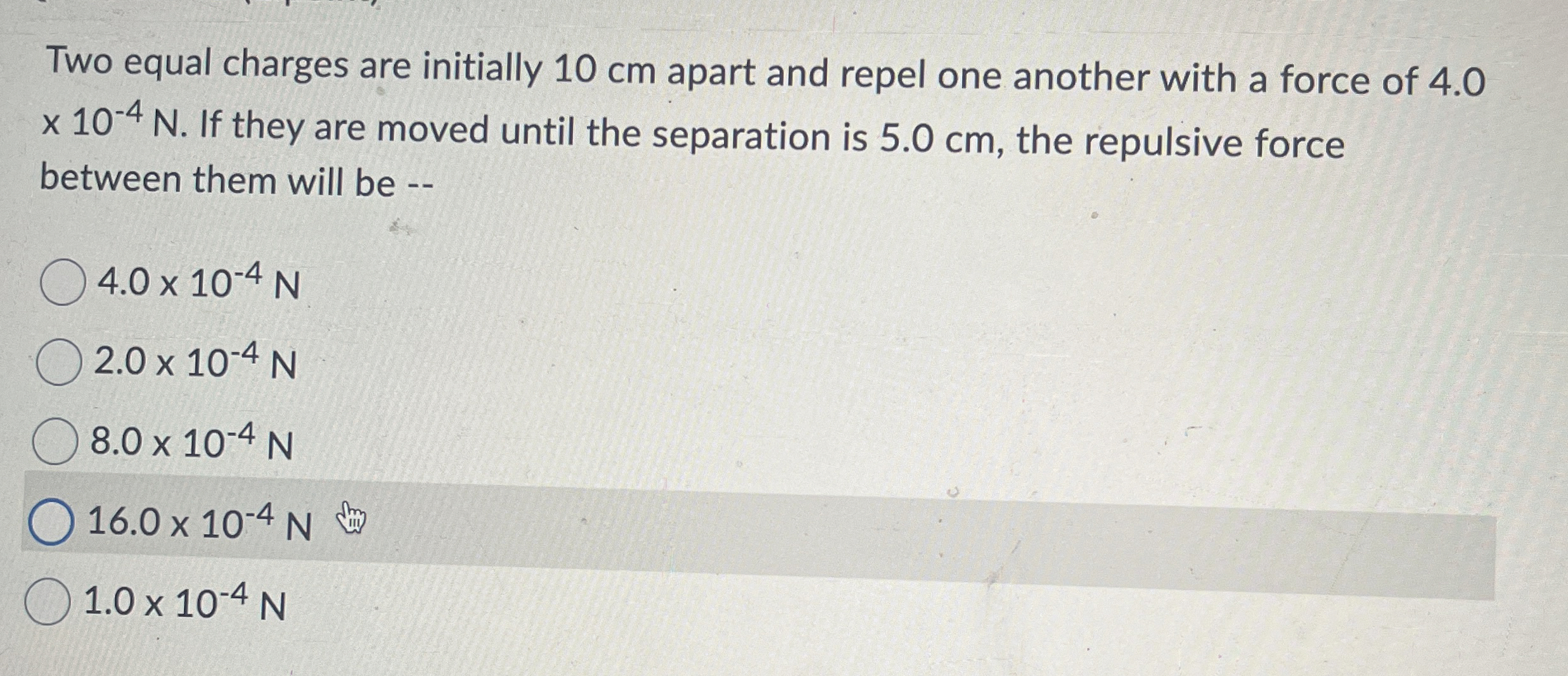 Two equal charges are initially 1 0 cm apart and