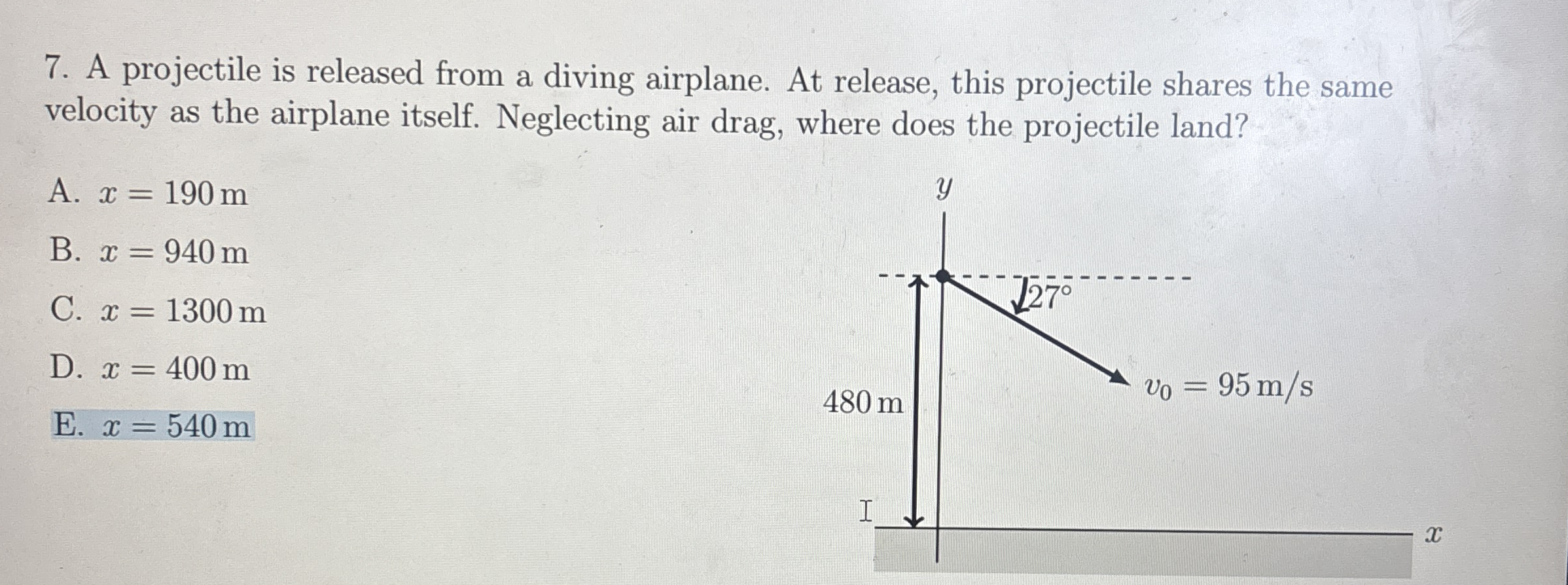 A projectile is released from a diving airplane.