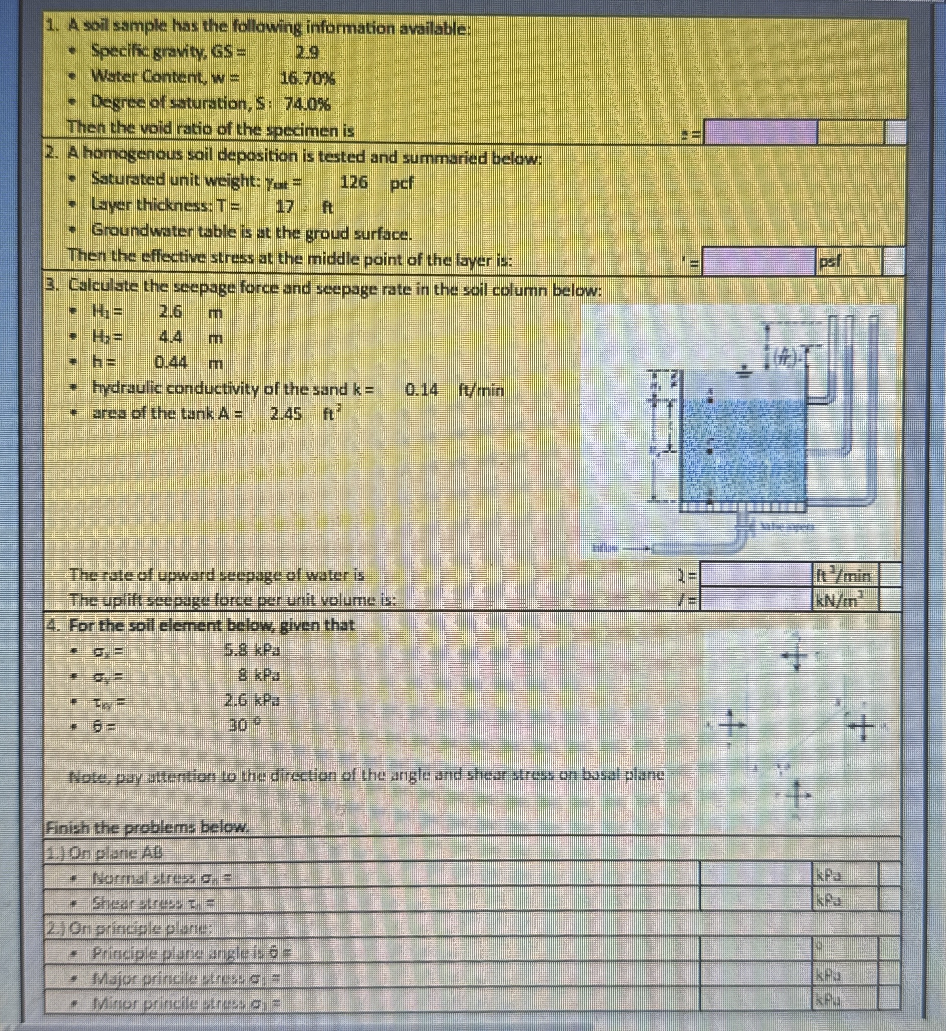 A soil sample has the following information