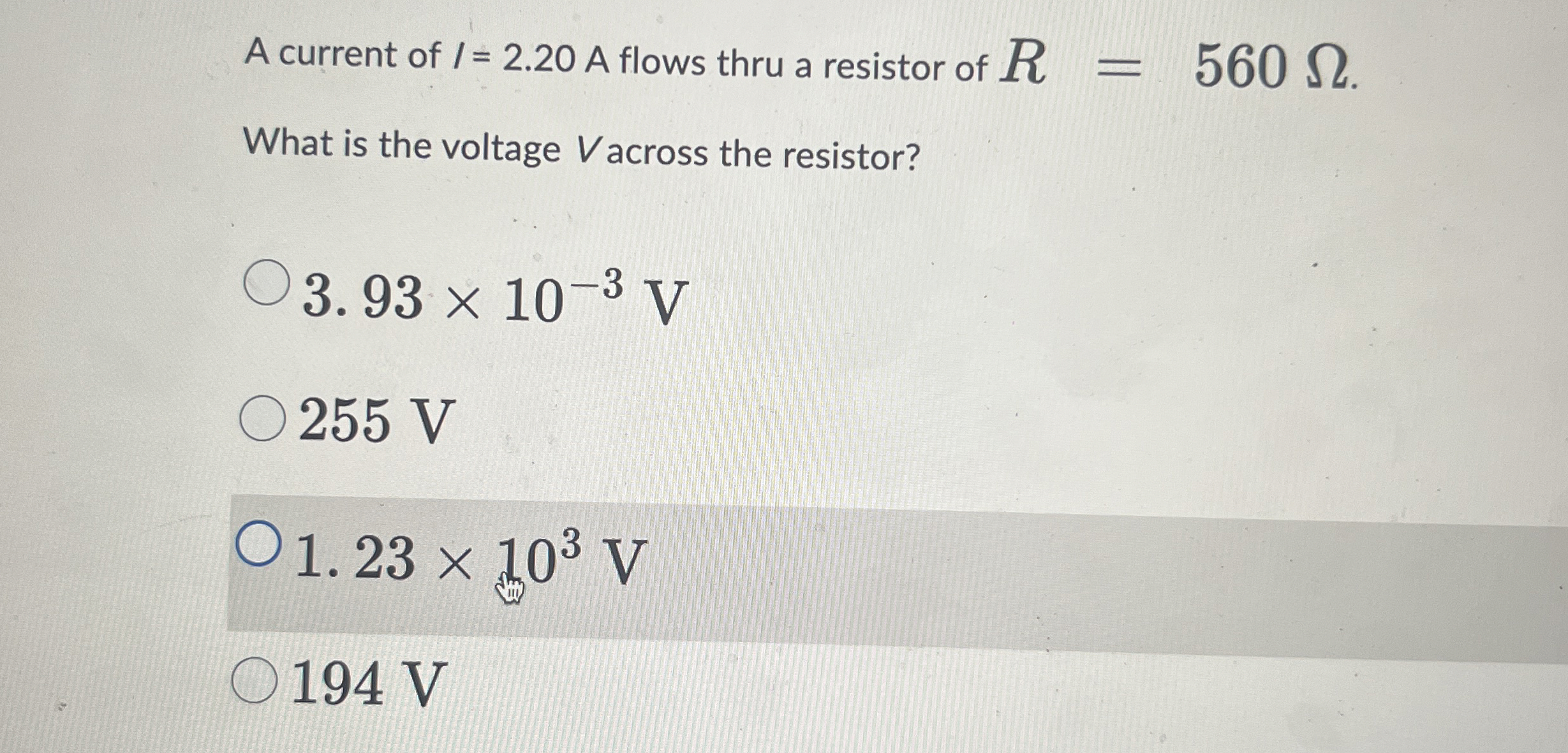 A current of I = 2 . 2 0 A flows thru a resistor