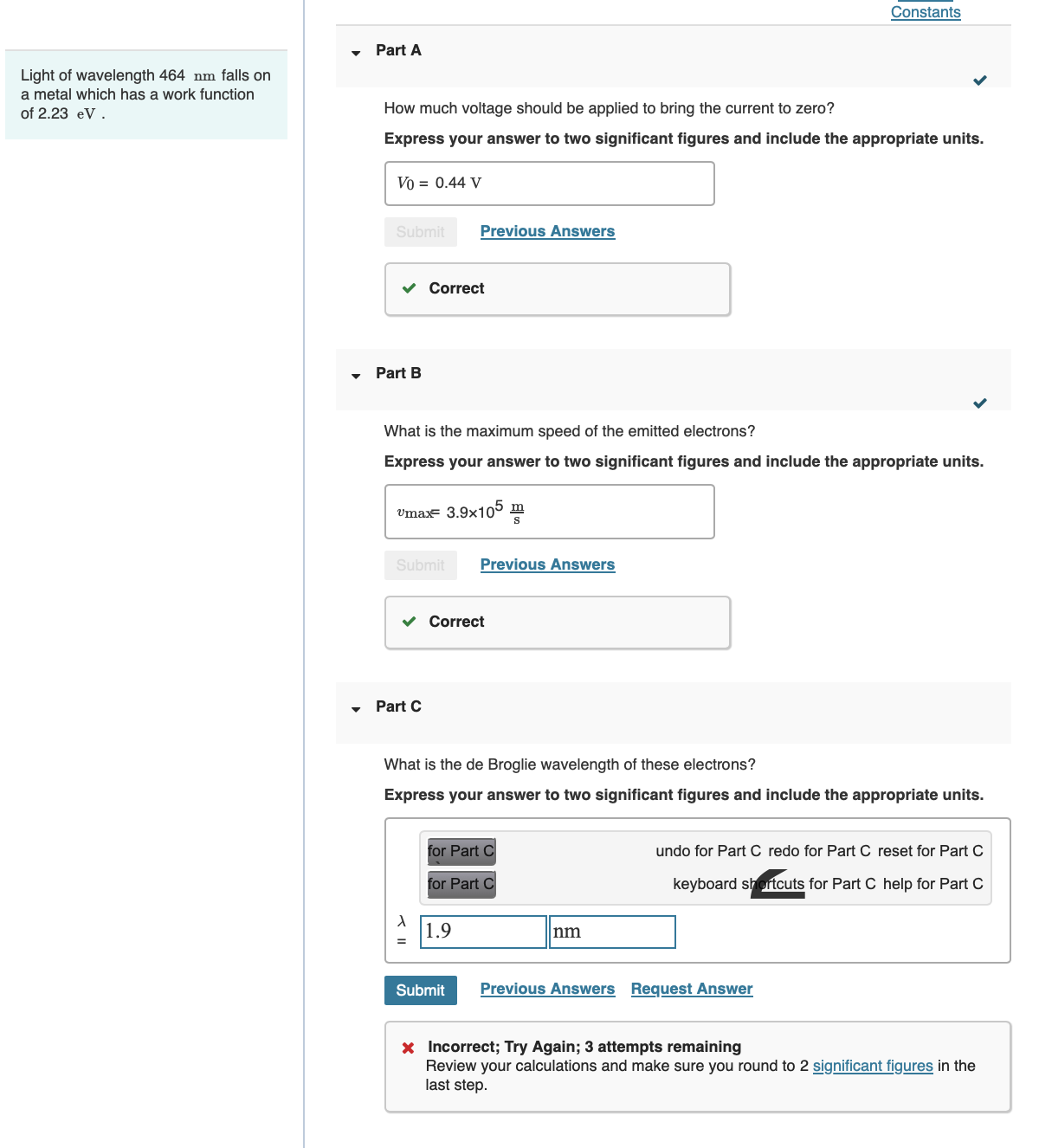 Light of wavelength 4 6 4 nm falls on a metal