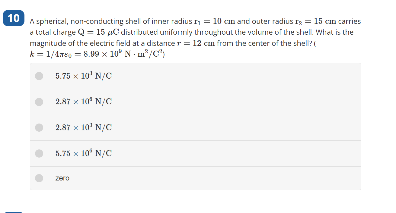 1 0 A spherical, non - conducting shell of inner