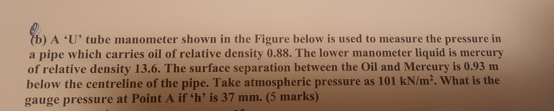 ( b ) A ' U ' tube manometer shown in the Figure