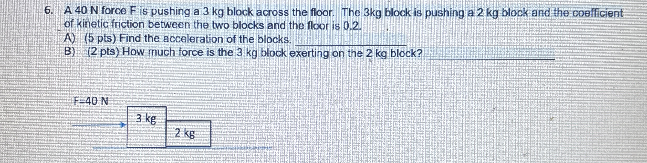 A 4 0 N force F is pushing a 3 kg block across