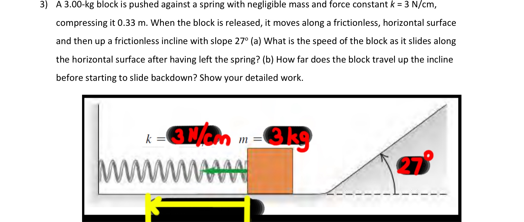 A 3 . 0 0 - k g block is pushed against a spring
