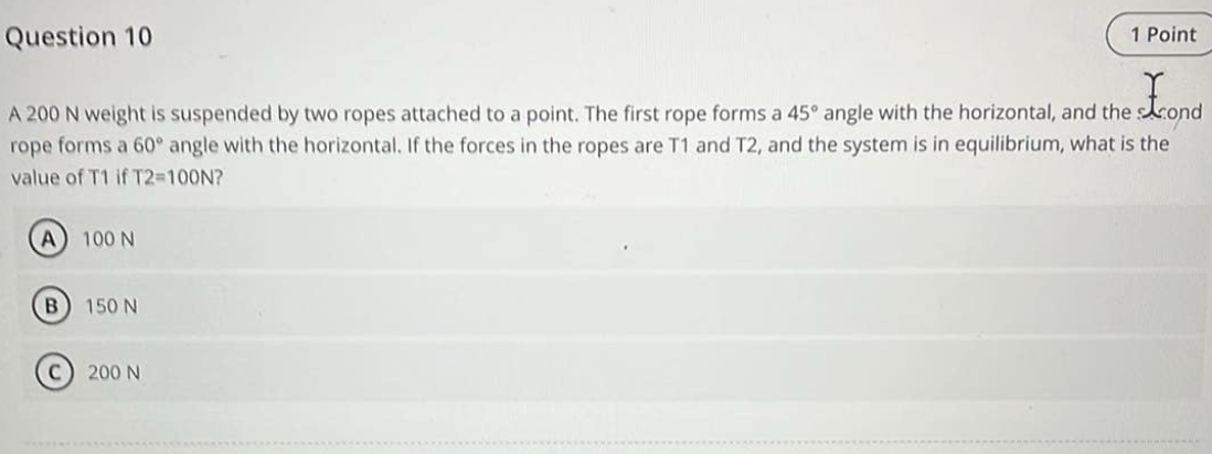 A 2 0 0 N weight is suspended by two ropes