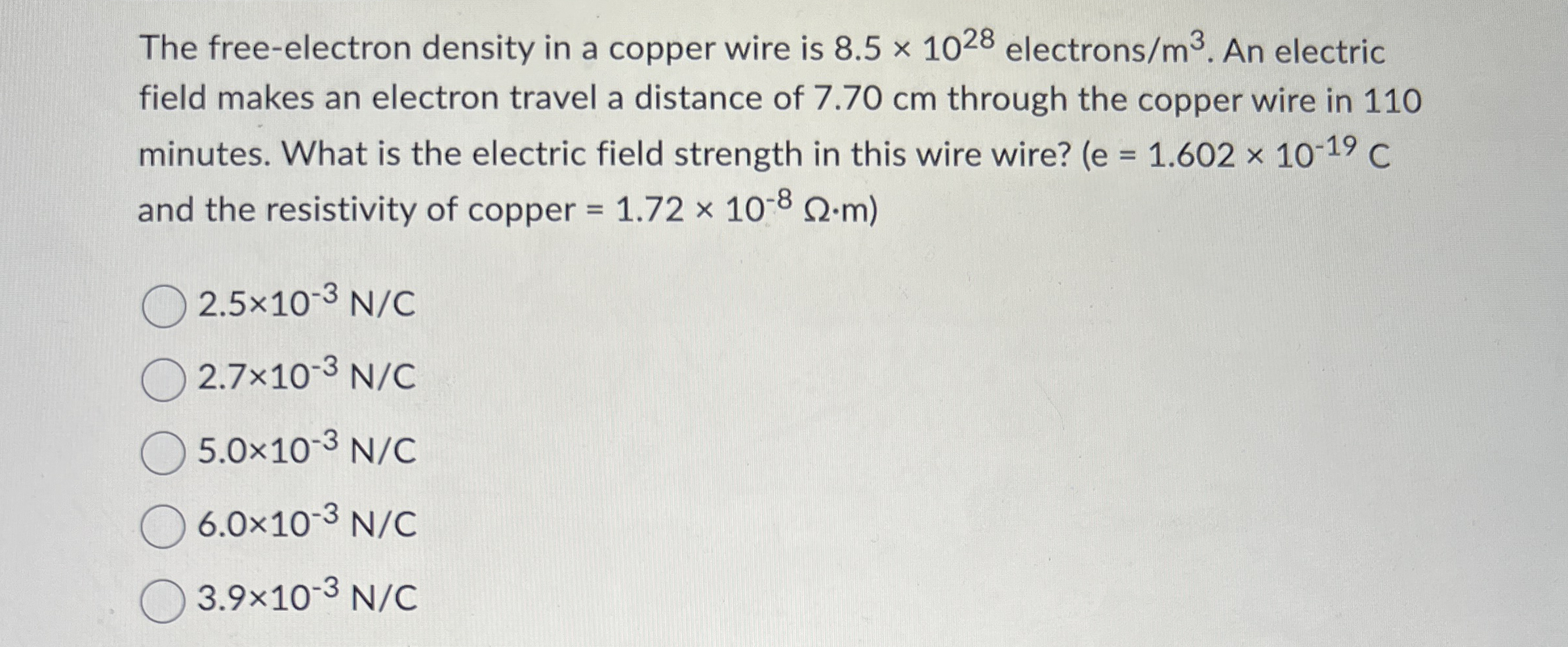 The free - electron density in a copper wire is 8