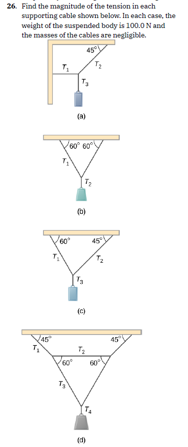 2 6 . Find the magnitude of the tension in each