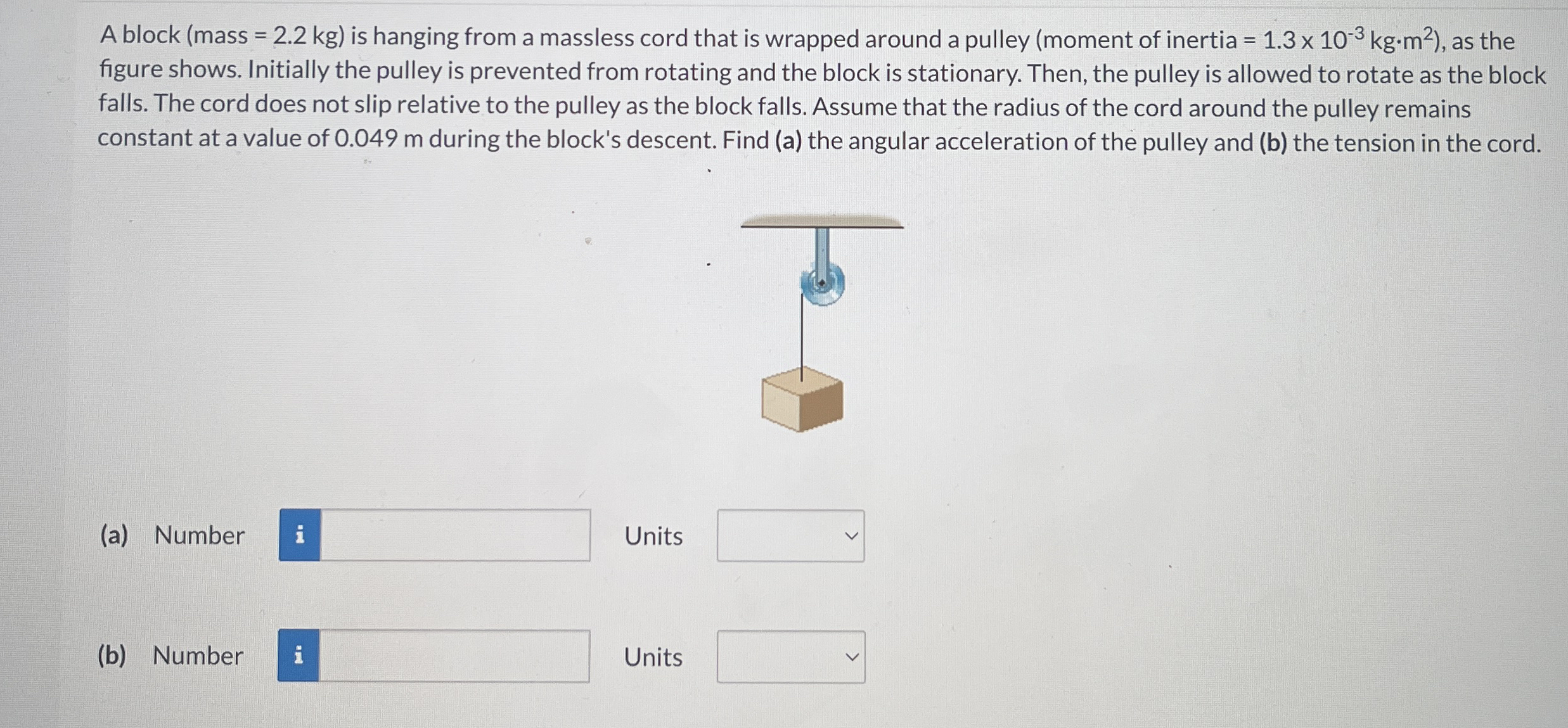 A block ( mass = 2 . 2 k g ) is hanging from a