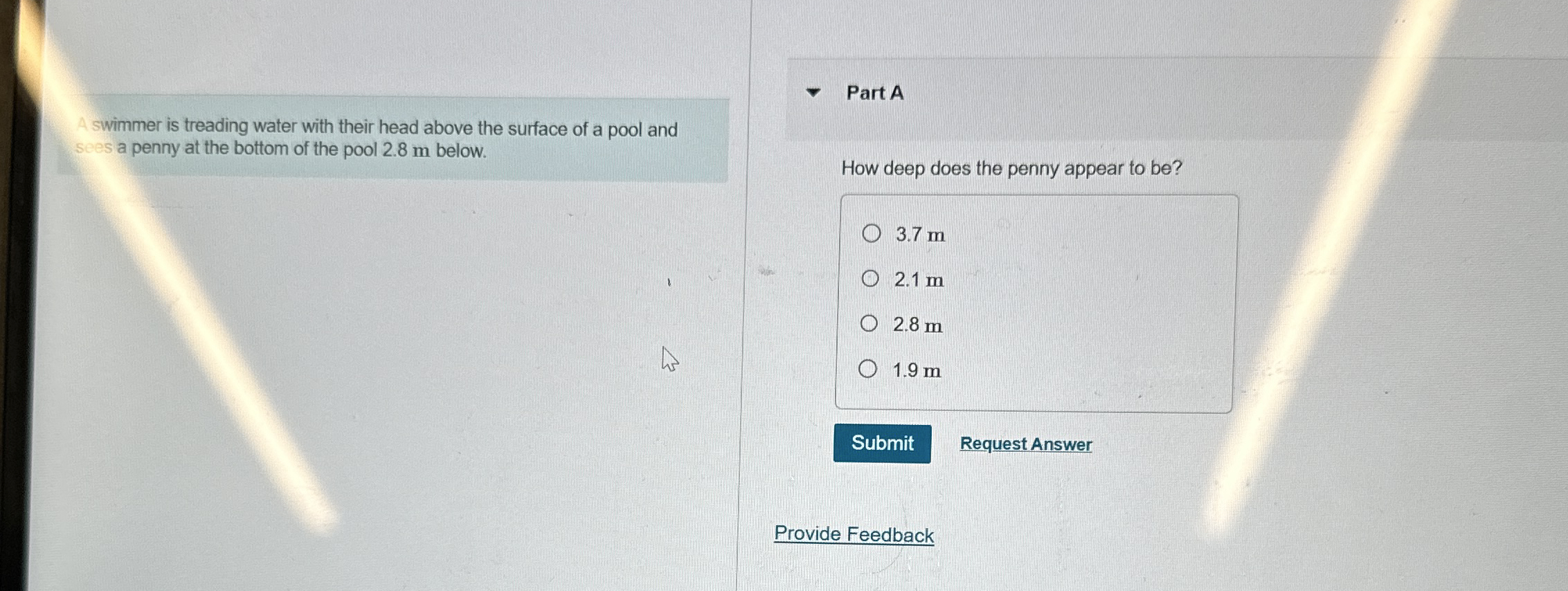 A swimmer is treading water with their head above