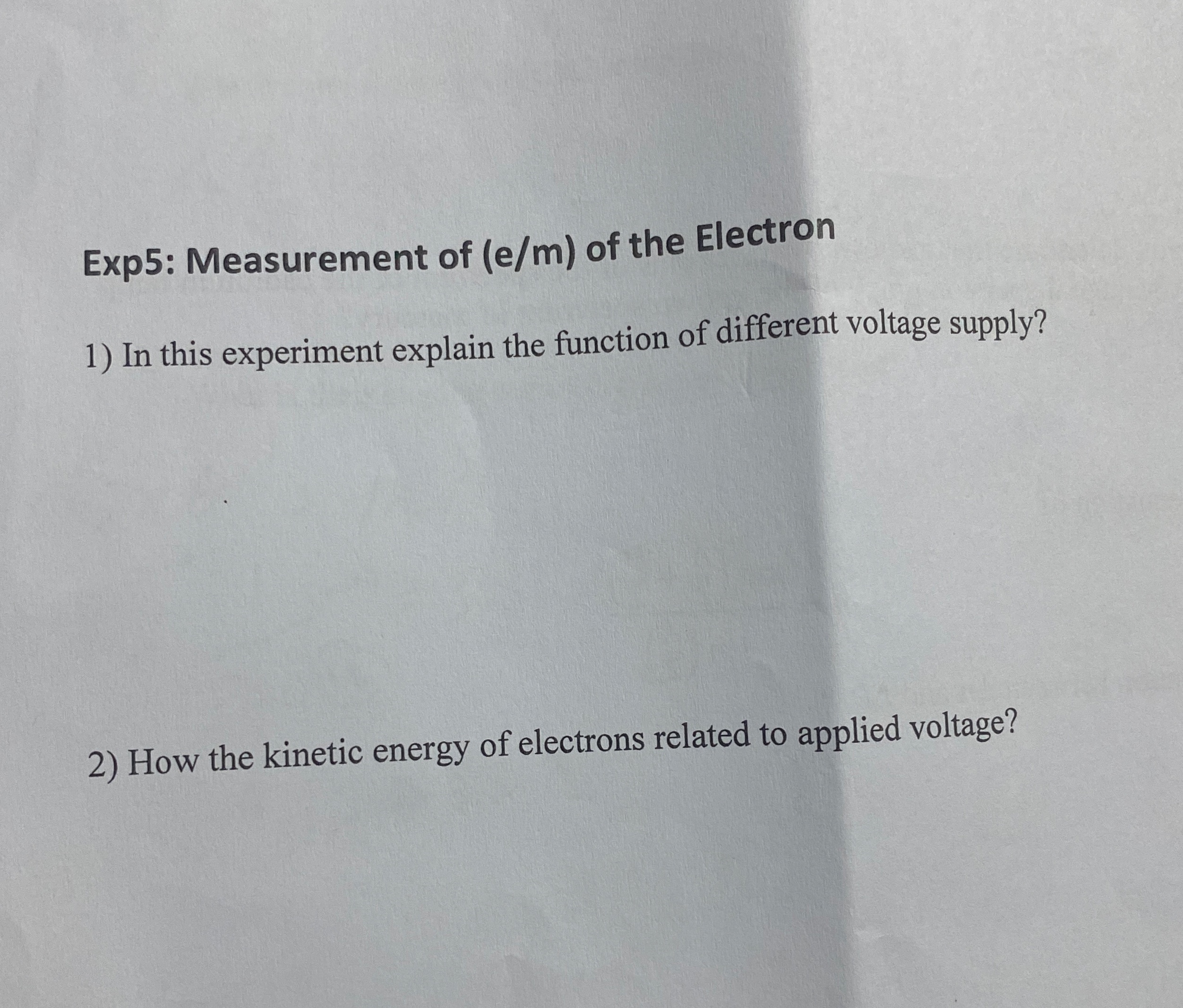 Exp 5 : Measurement of ( e m ) of the Electron In