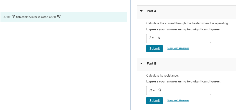 A 1 0 5 V fish - tank heater is rated at 8 0 W .