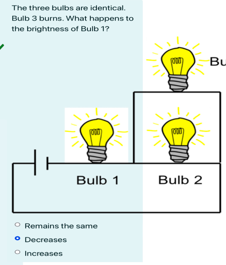 The three bulbs are identical. Bulb 3 burns. What