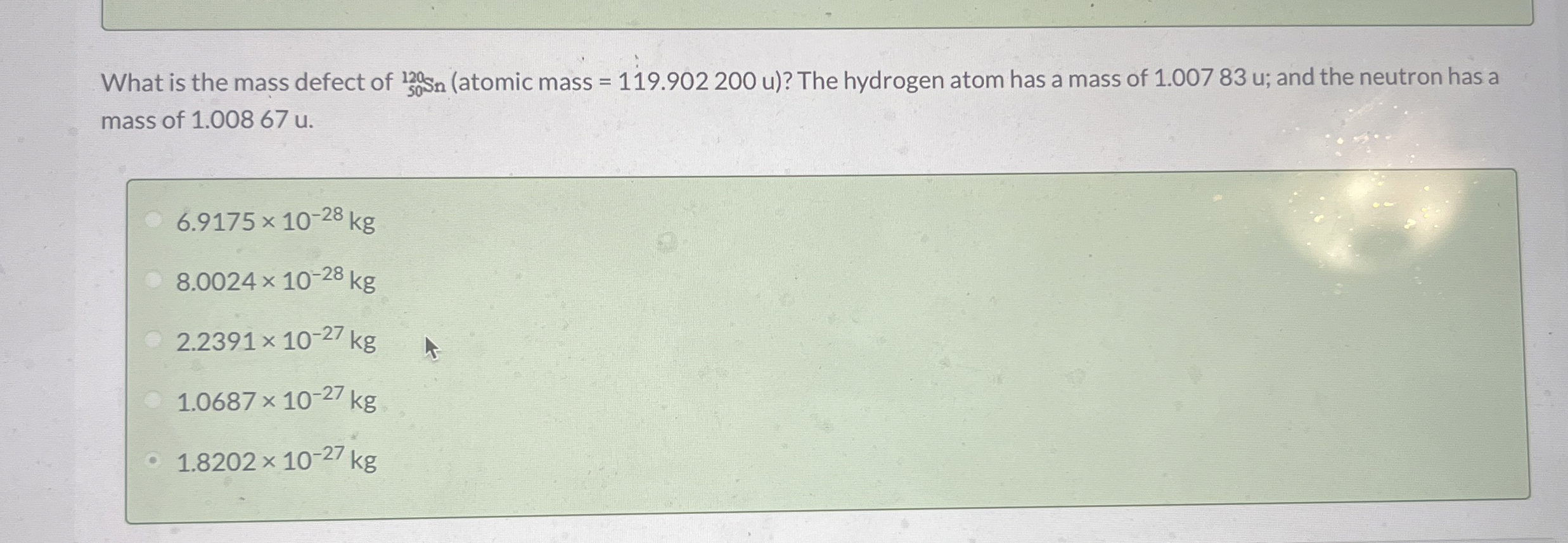 What is the mass defect of ? 5 0 1 2 0 s i n (