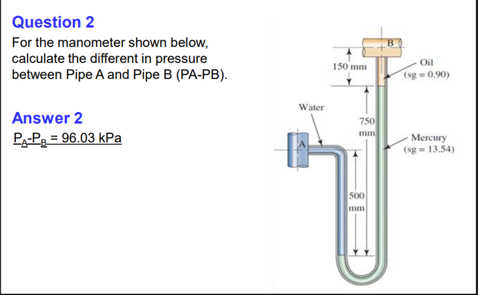 Question 2 For the manometer shown below,