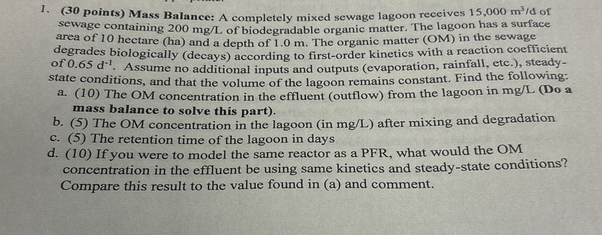 ( 3 0 points ) Mass Balance: A completely mixed