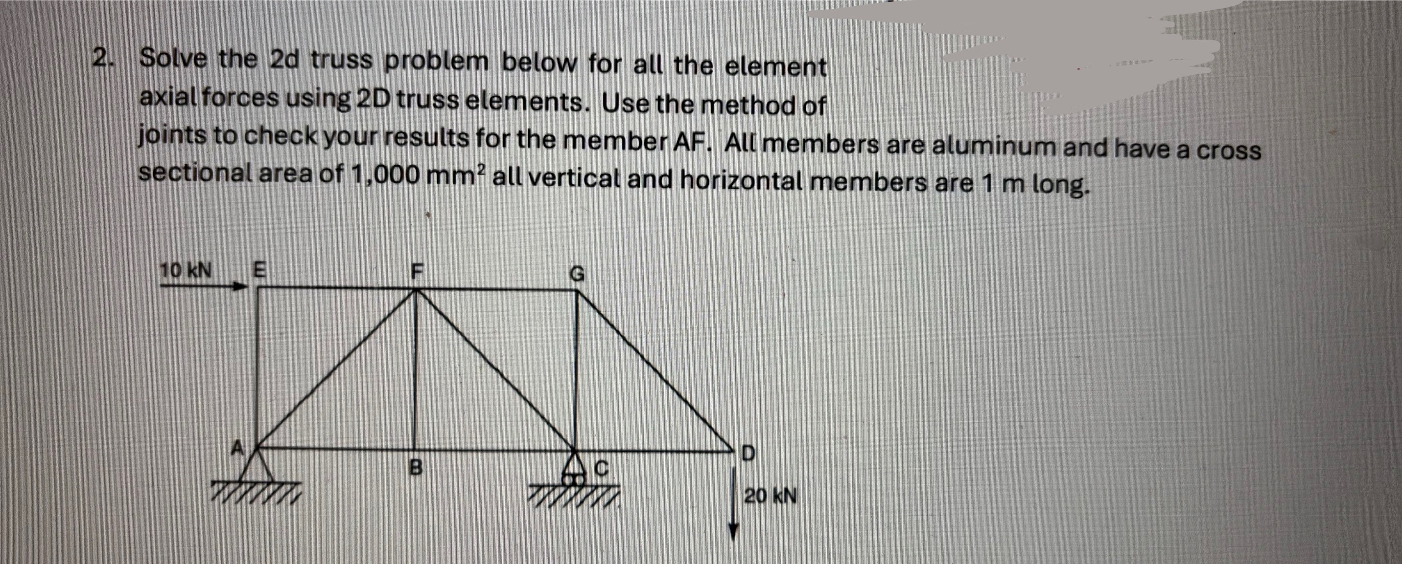Solve the 2 d truss problem below for all the