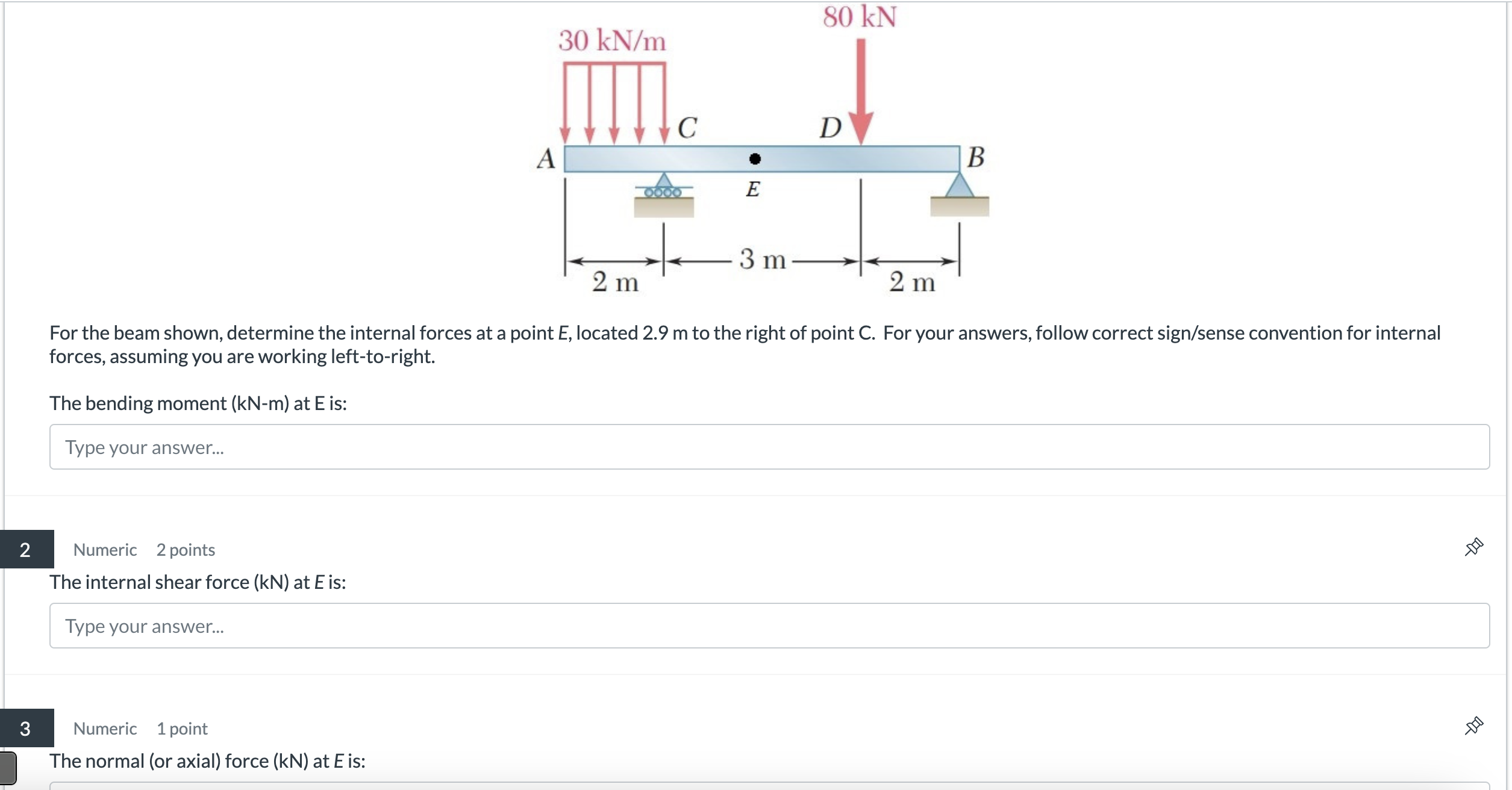 For the beam shown, determine the internal forces