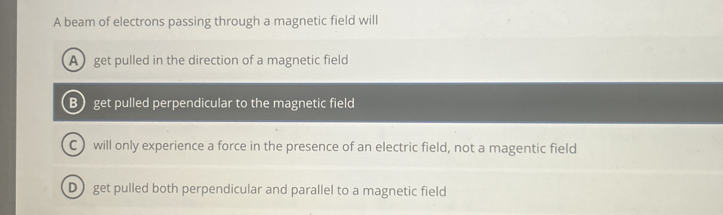 A beam of electrons passing through a magnetic