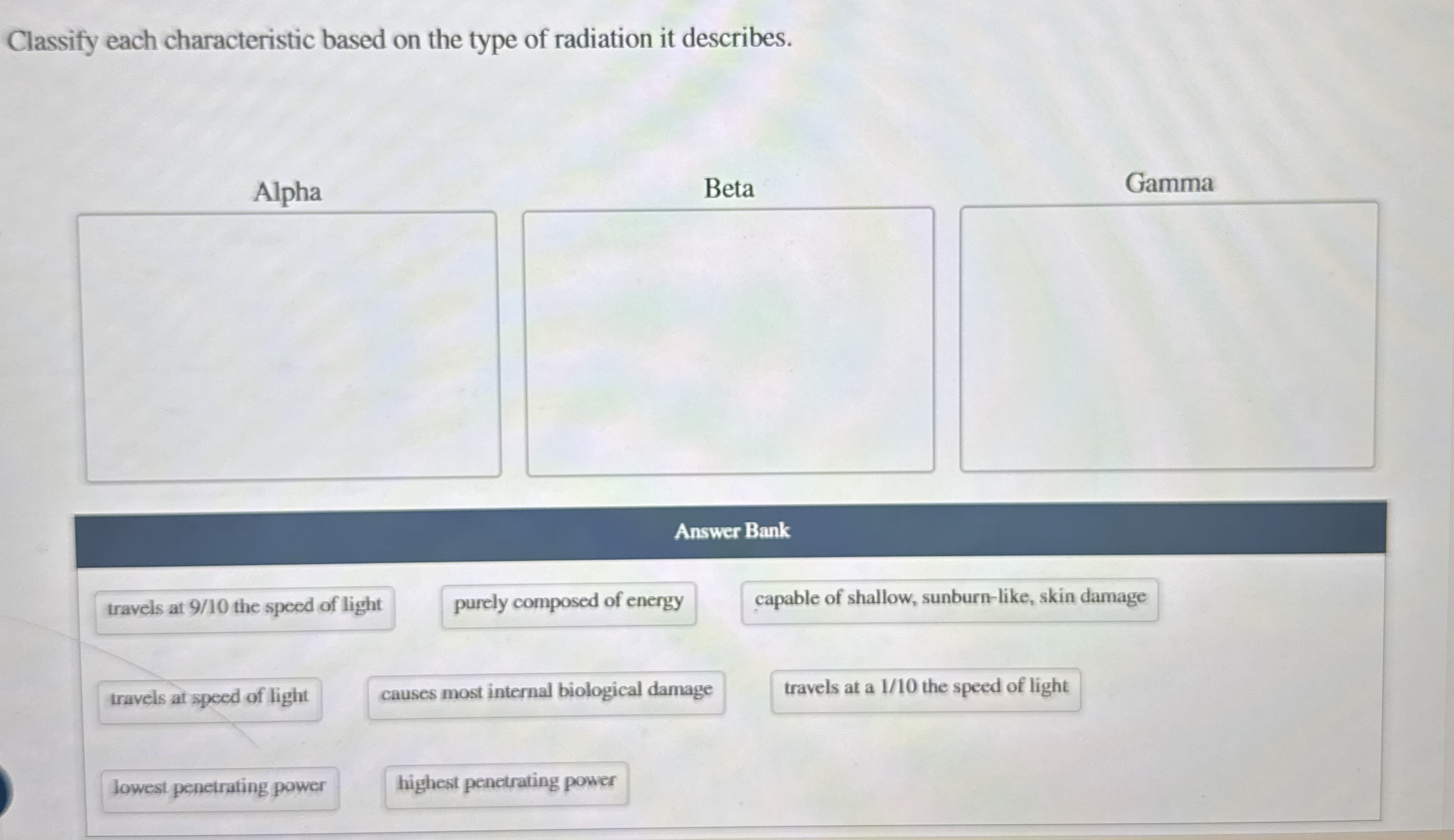 Classify each characteristic based on the type of