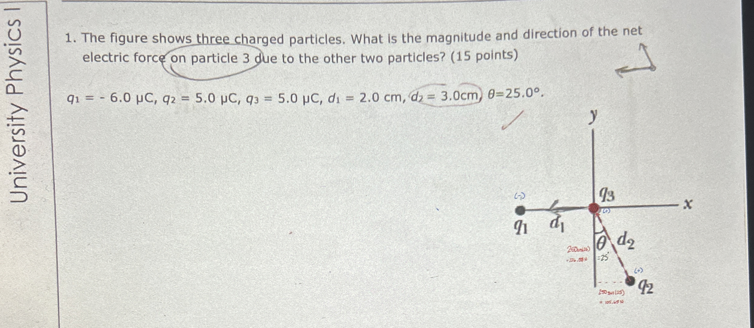 The figure shows three charged particles. What is