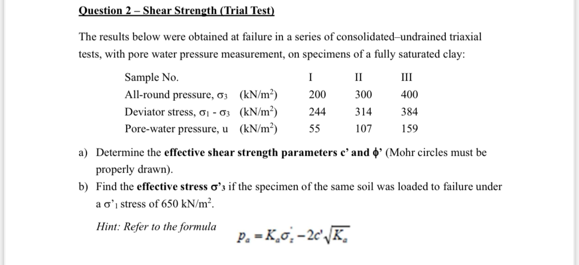 Question 2 - Shear Strength ( Trial Test ) The